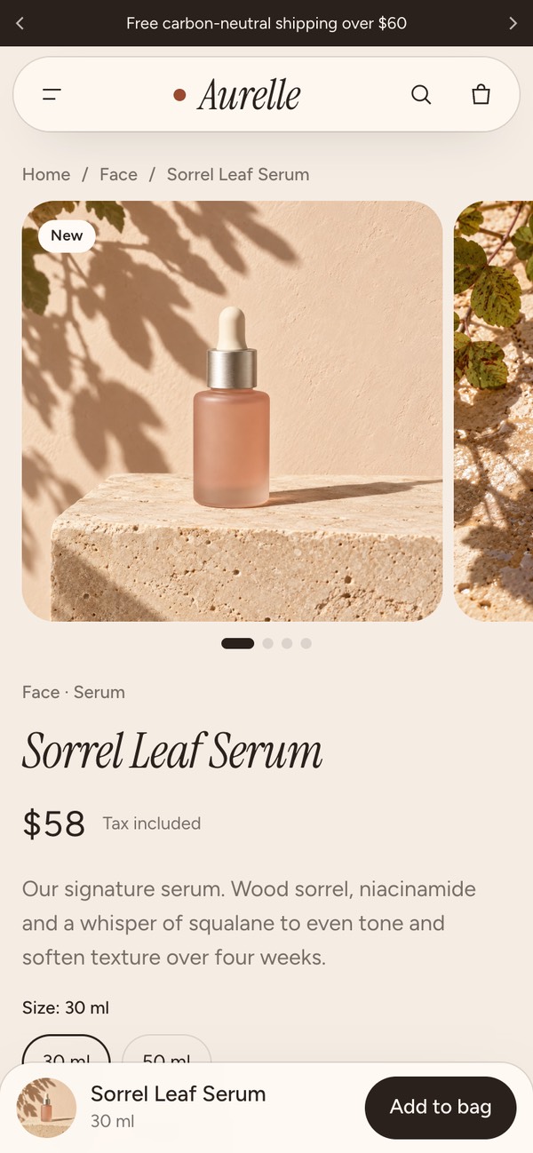 The Sorrel preset product page on a phone, showing a serum with a size picker and a sticky add to bag bar.