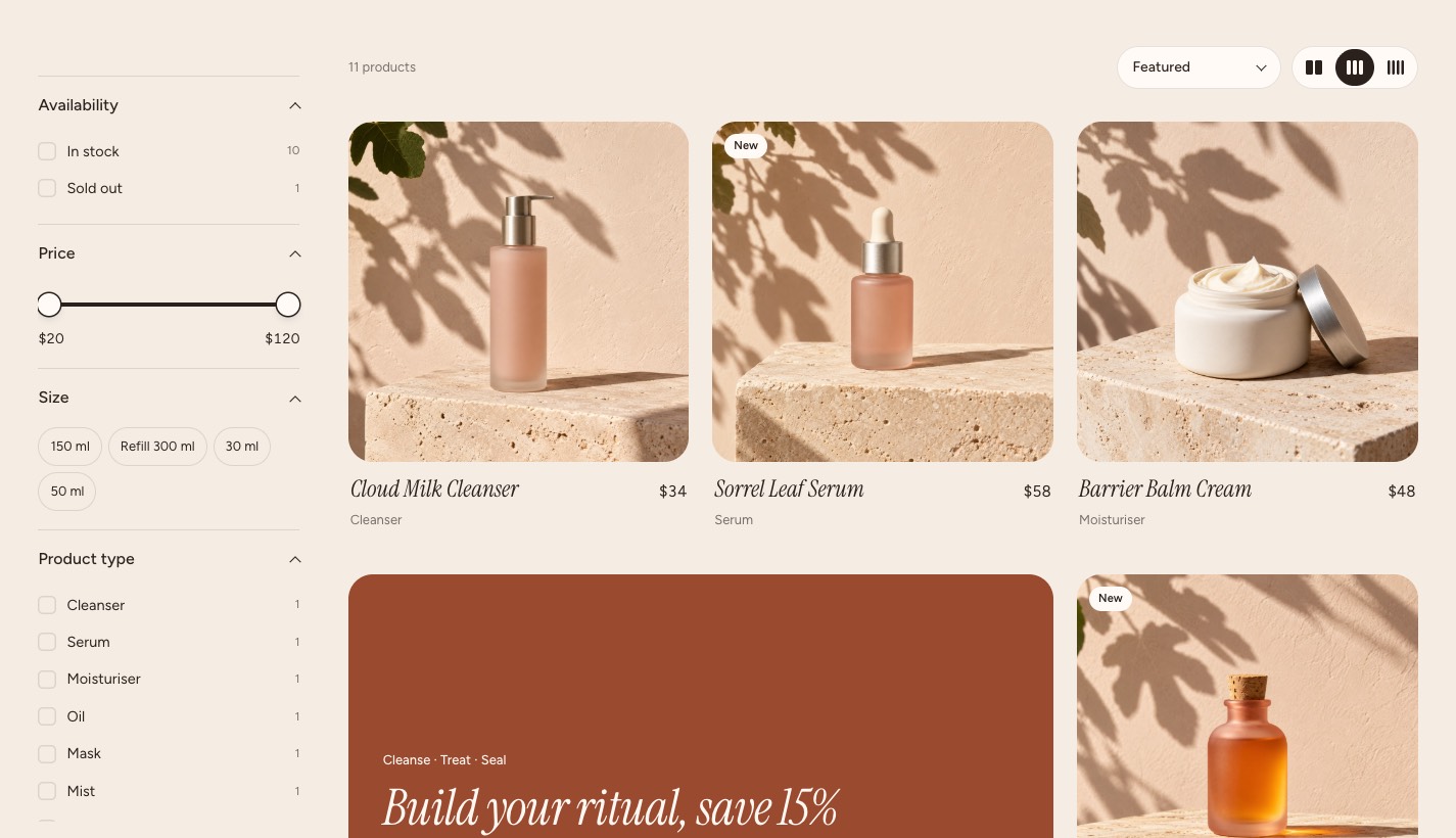 Sorrel collection page with product type filters and a terracotta promo tile that reads Build your ritual, save 15%.