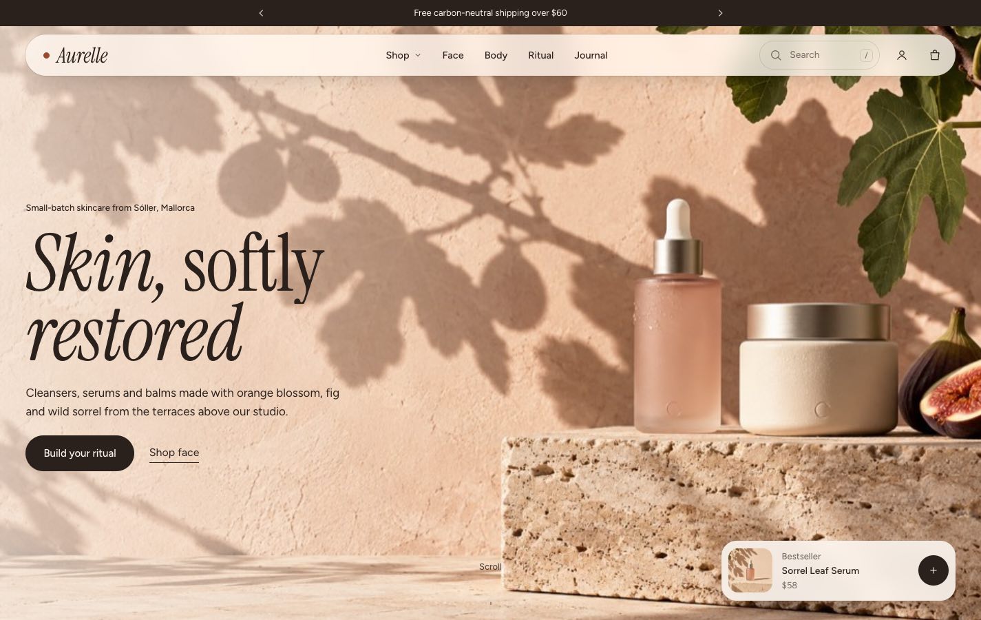 Sorrel preset home page with the headline Skin, softly restored beside serum and balm jars on travertine.