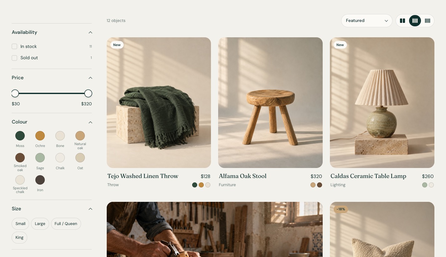 Vellora collection page with filters for availability, price, color and size beside a three-column product grid.