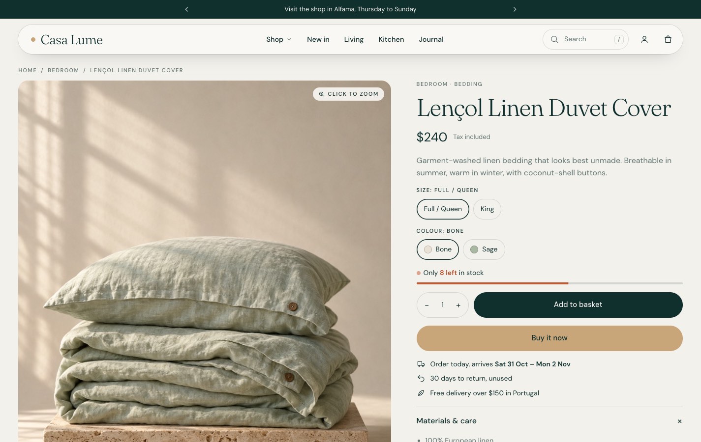 Vellora product page for a linen duvet cover, with size and color pickers, stock level and add to basket.