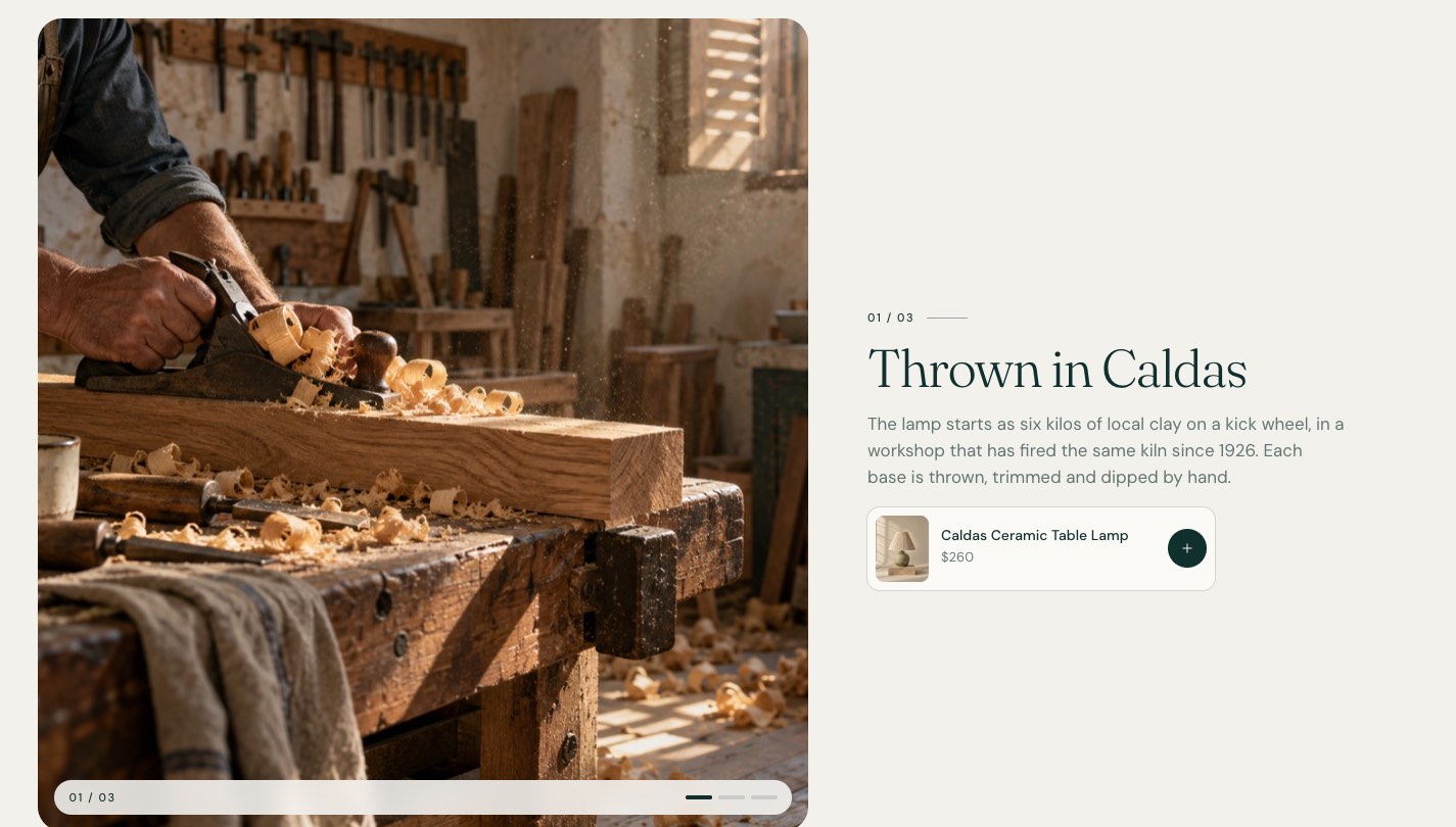 Scroll story, chapter one of three: a woodworker planing oak, beside the heading Thrown in Caldas and a ceramic lamp you can add to the cart.